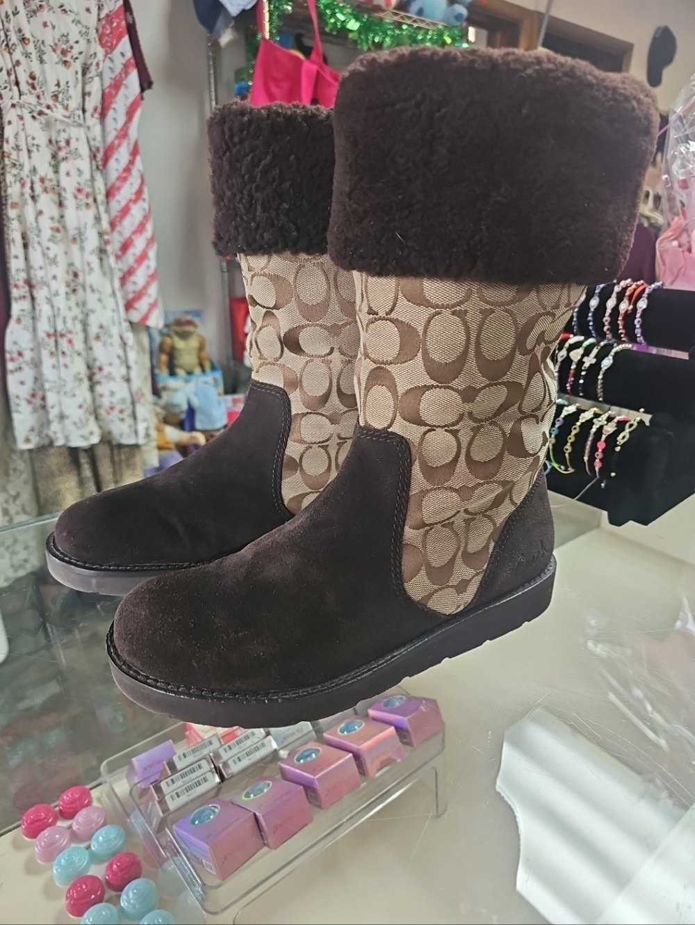 Coach Kally Brown Signature C Canvas Sheepskin Tall Boots Women’s size 8.5